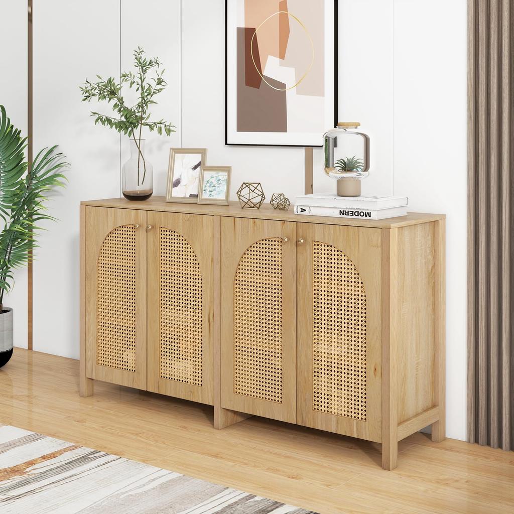 Sideboard with 4 Rattan Doors, Modern Buffet Cabinet Multipurpose Cabinet with Ample Storage Space, Adjustable Shelf, Side Cabinet for Living Room/dining Room