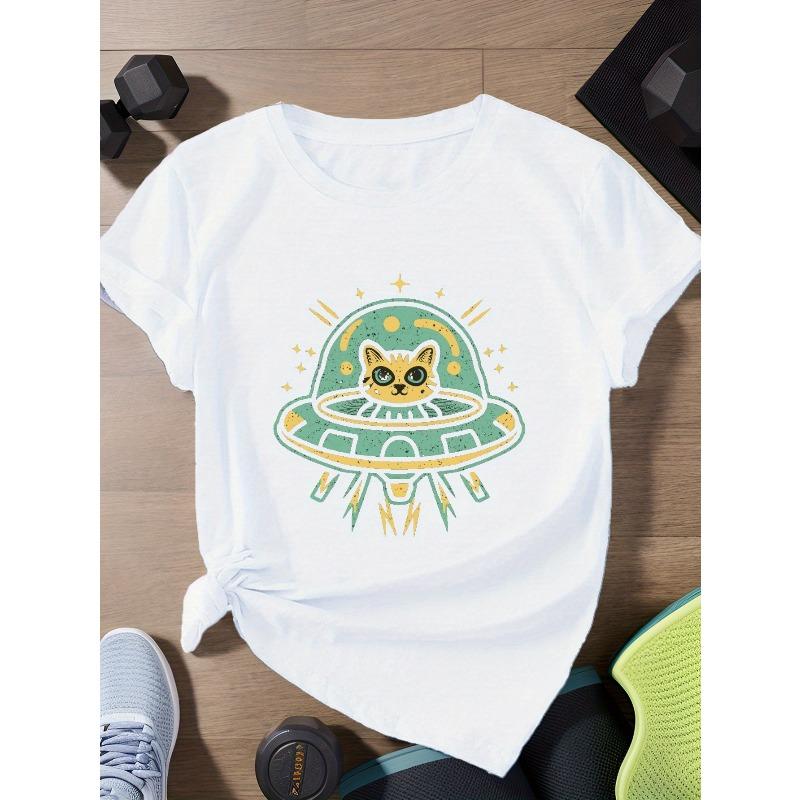 European Size alien Cat Women s Plus Size Sports Short Sleeve T-Shirt S белый