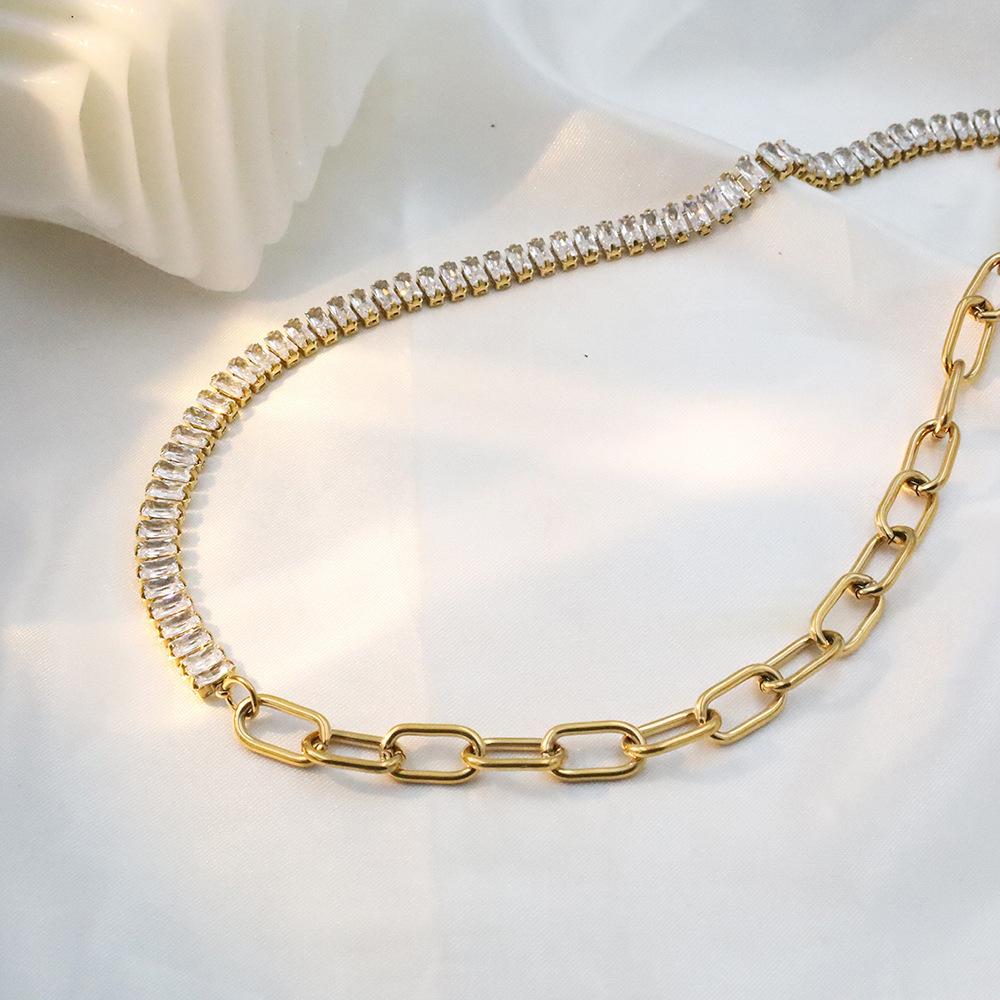 Fashion Titanium Steel Chain Splicing Zircon Necklace Women'S Light Luxury High-End Ot Buckle Necklace Jewelry