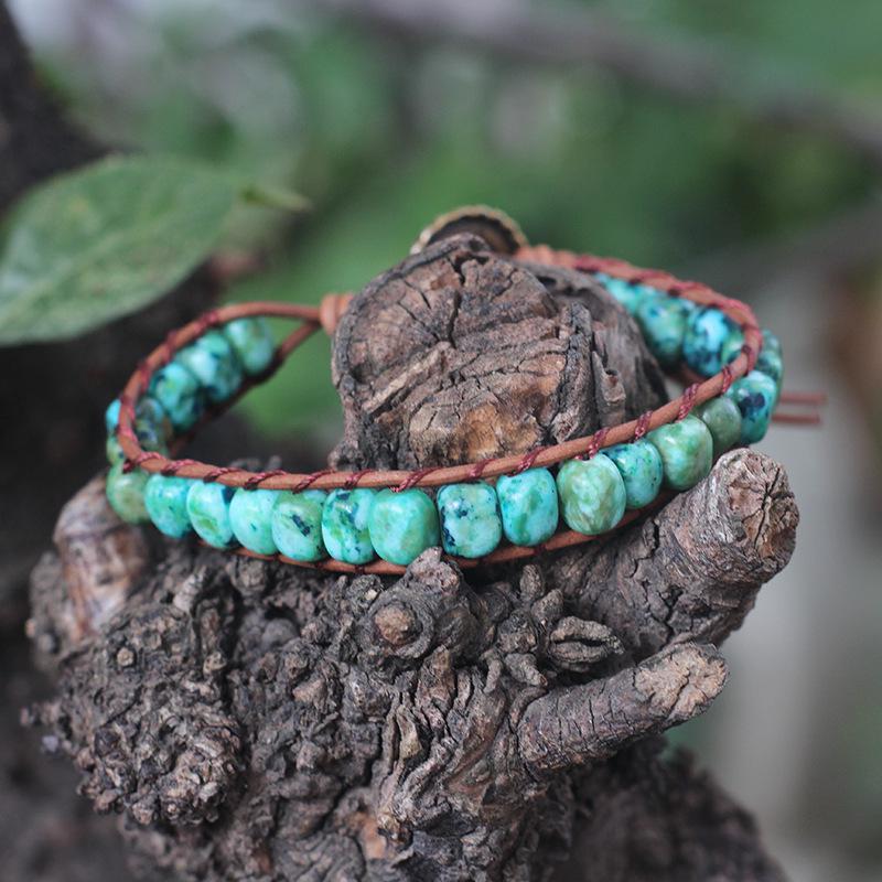 Freeform Shoushan Stone 5x7 Emperor Leather Woven Bohemian Bracelet