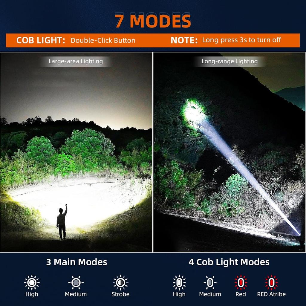 Rechargeable LED Flashlights High Lumens, 900,000 Lumens Super Bright Tactical Flashlight, 7 Modes with Cob Work Light, IPX7 Waterproof, Powerful