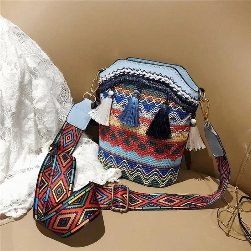 Modă Stil Etnic Boem Geantă de Umăr/Messenger din Paie Țesute pentru Femei, Retro Casual, cu Ciucuri, Geantă Găleată