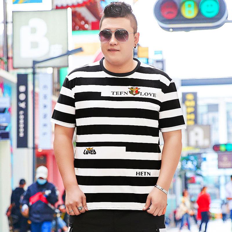 Chao Brand Übergroßes Herren-T-Shirt mit Rundhalsausschnitt und kurzen Ärmeln für den Sommer, dicker Mann, große Größe, lockeres, gestreiftes Body-Shirt, Oberteil 195