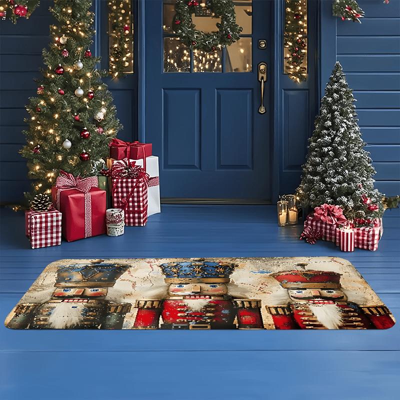 Nutcracker Doll Christmas Welcome Doormat, Indoor Outdoor Flannel Non-Slip Mat for Kitchen Office Laundry Bathroom Holiday Decor