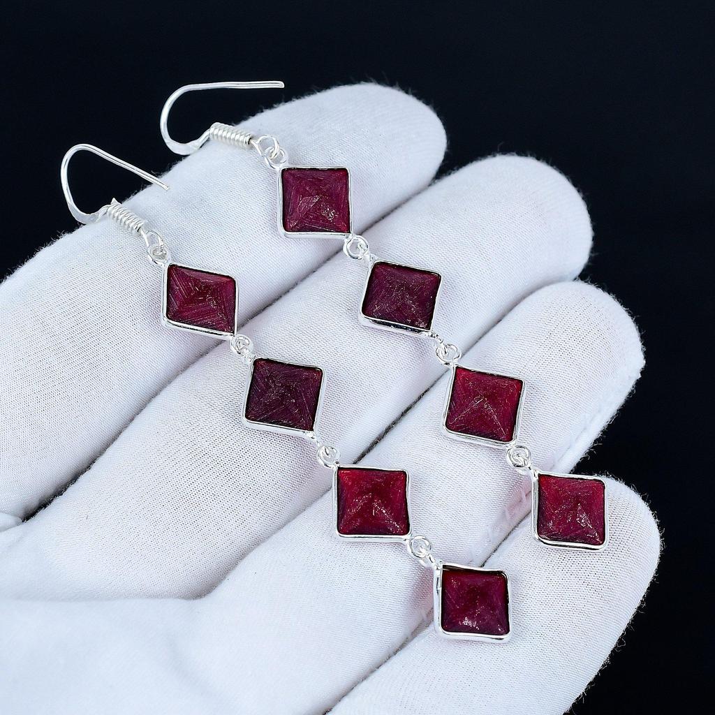 Red Ruby Gemstone Earrings, 925 Sterling Silver Earrings, Handmade Silver Earrings For Gift, Red Ruby Dangle Earrings Christmas Gift