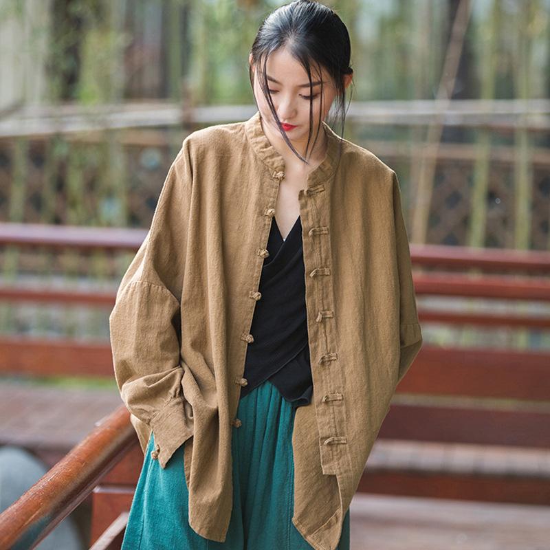 Cotton and linen women's top, new Chinese style cardigan, spring and autumn coat, zen loose tea clothes, button-down long-sleeved shirt