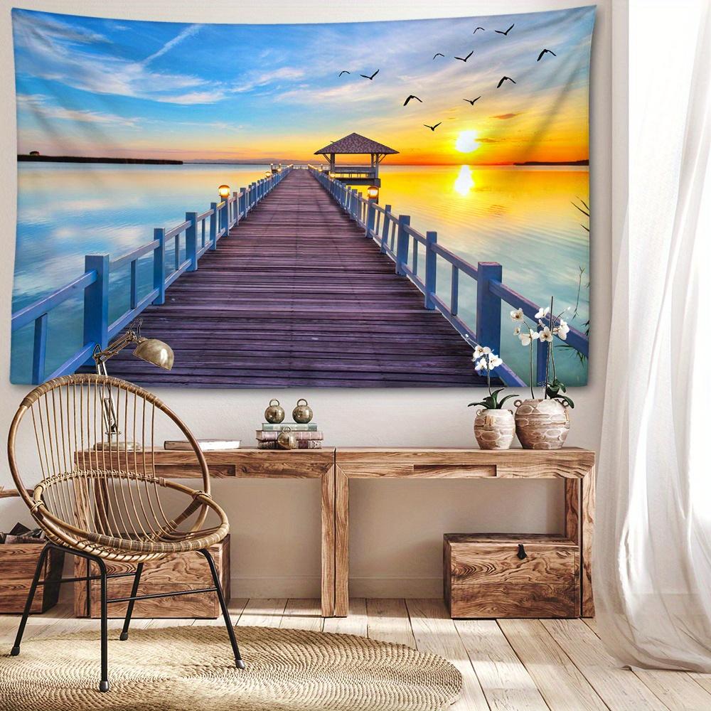 1pc Bridge Sunset Ocean Tapestry Wall Hanging Room Decoration Bedroom Decoration Living Room Background Natural Style Background Cloth Hanging Tapestr