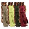 Women Summer Dress Pleated Round Neck Sleeveless Solid Color Loose Slit Hem Maxi Dress Daily Date Party Wear Long Dress