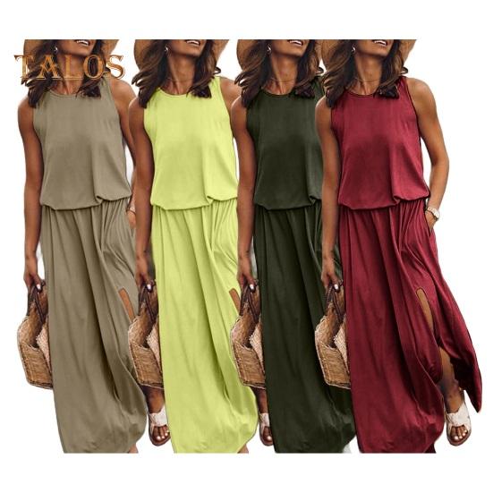 Women Summer Dress Pleated Round Neck Sleeveless Solid Color Loose Slit Hem Maxi Dress Daily Date Party Wear Long Dress