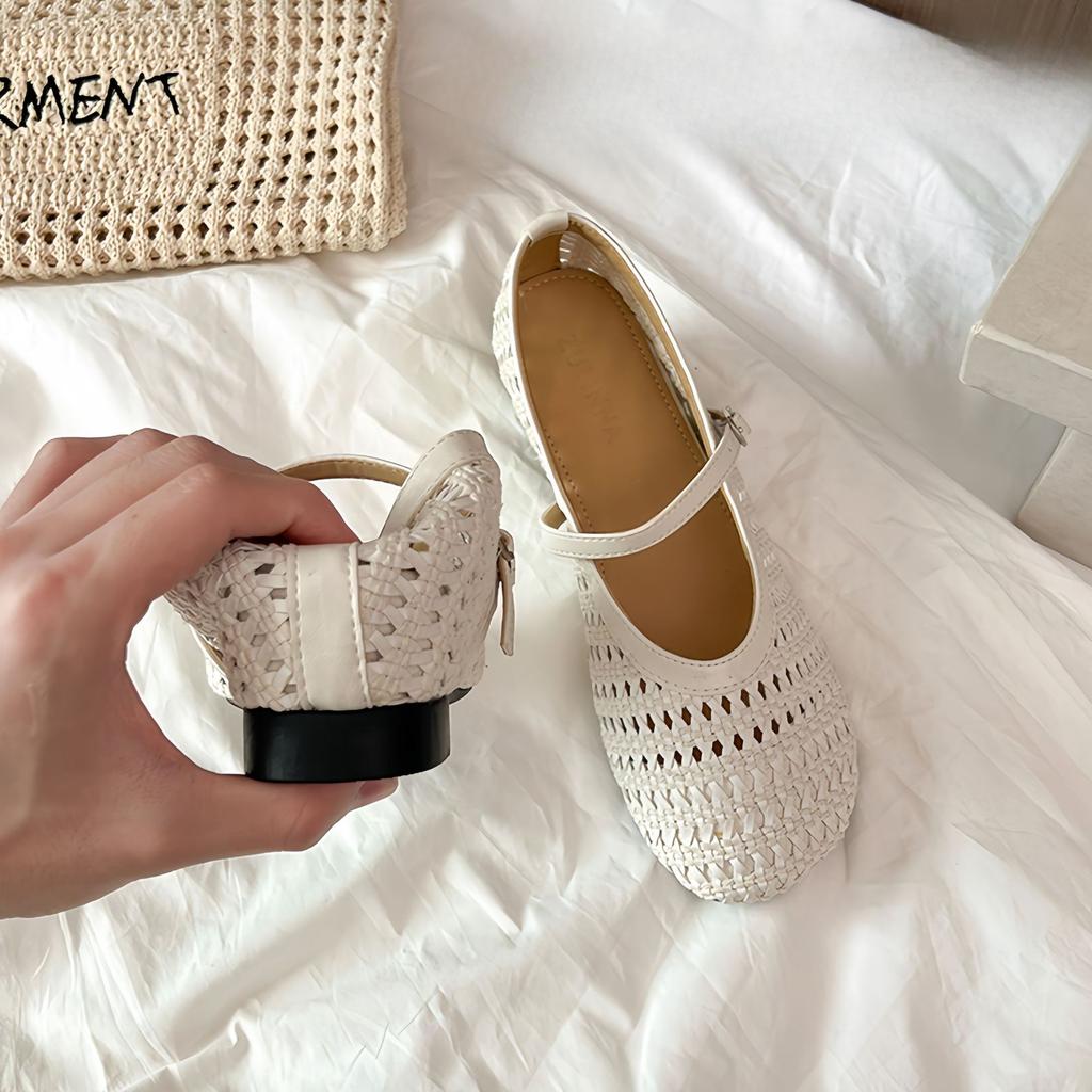 Ballerinas Damenmode Runde Zehen Schnalle Slipper Atmungsaktiv Retro Gewebt Hohl Damen Freizeit Mary Jane Schuhe