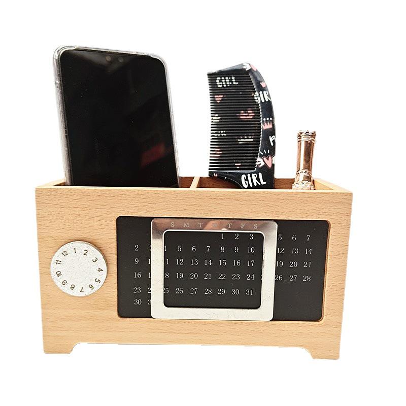 Available Solid Wood Desk Organizer: Perpetual Calendar & Pen Holder With Wooden Compartments and Chopstick Storage