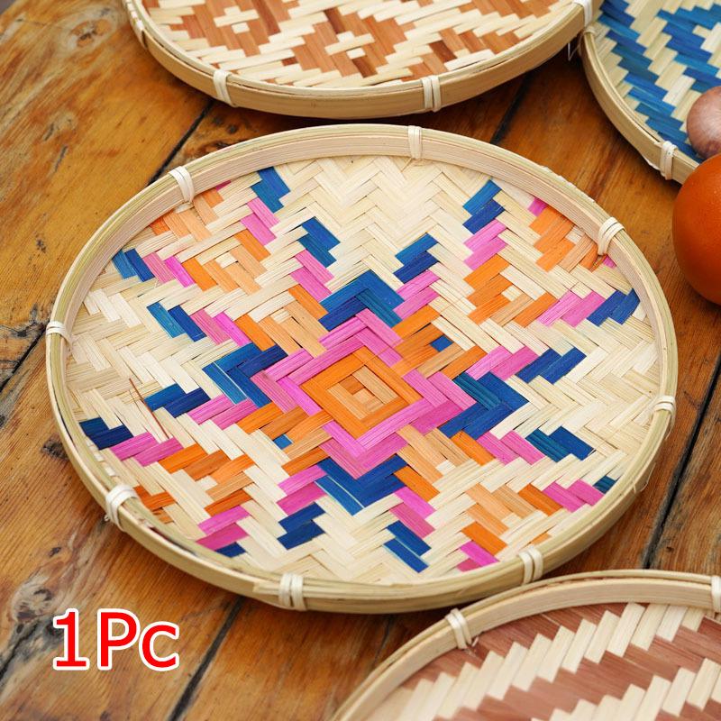 1PC Colorful Multipurpose Storage Basket Traditional Woven Handwoven Bamboo Decorative Flat Artistic 25cm