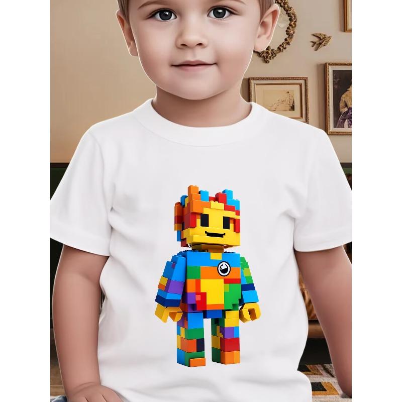 Boys Summer Crew Neck Short Sleeve T-Shirt with Colorful Block Figure Print