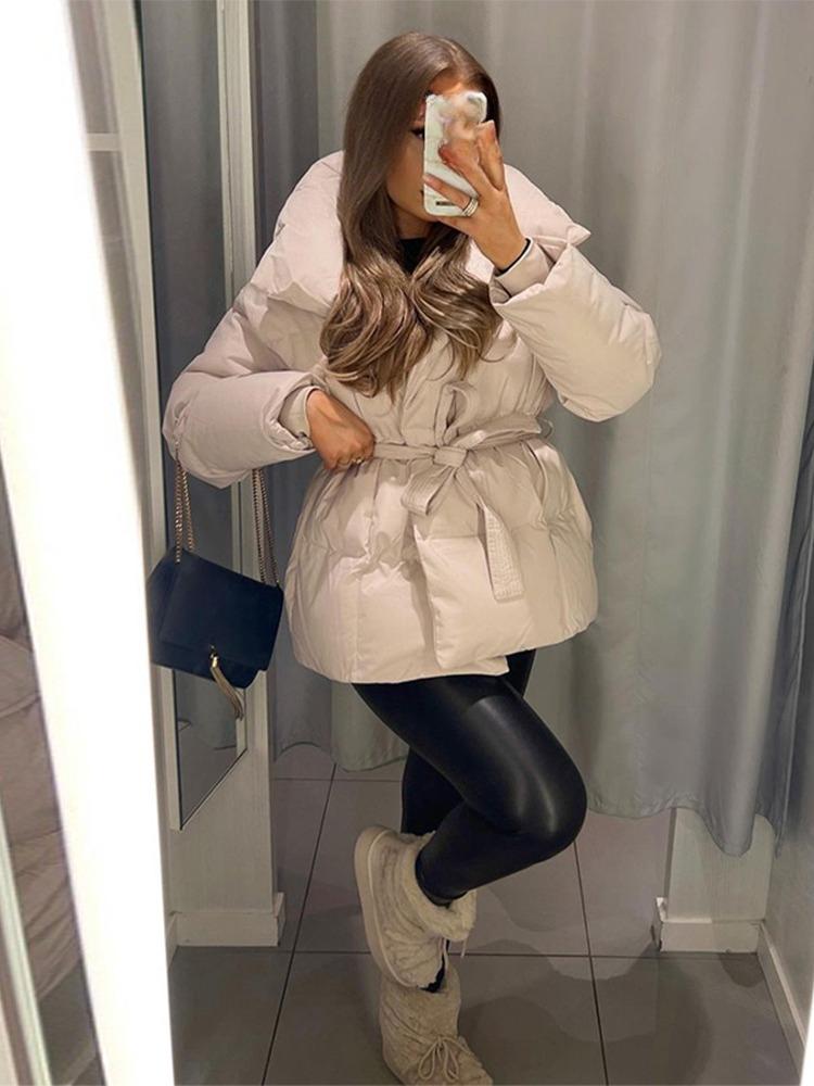 Women's Stand Up Collar Hooded Long Sleeved Zipper Glossy Thick Jacket for Winter