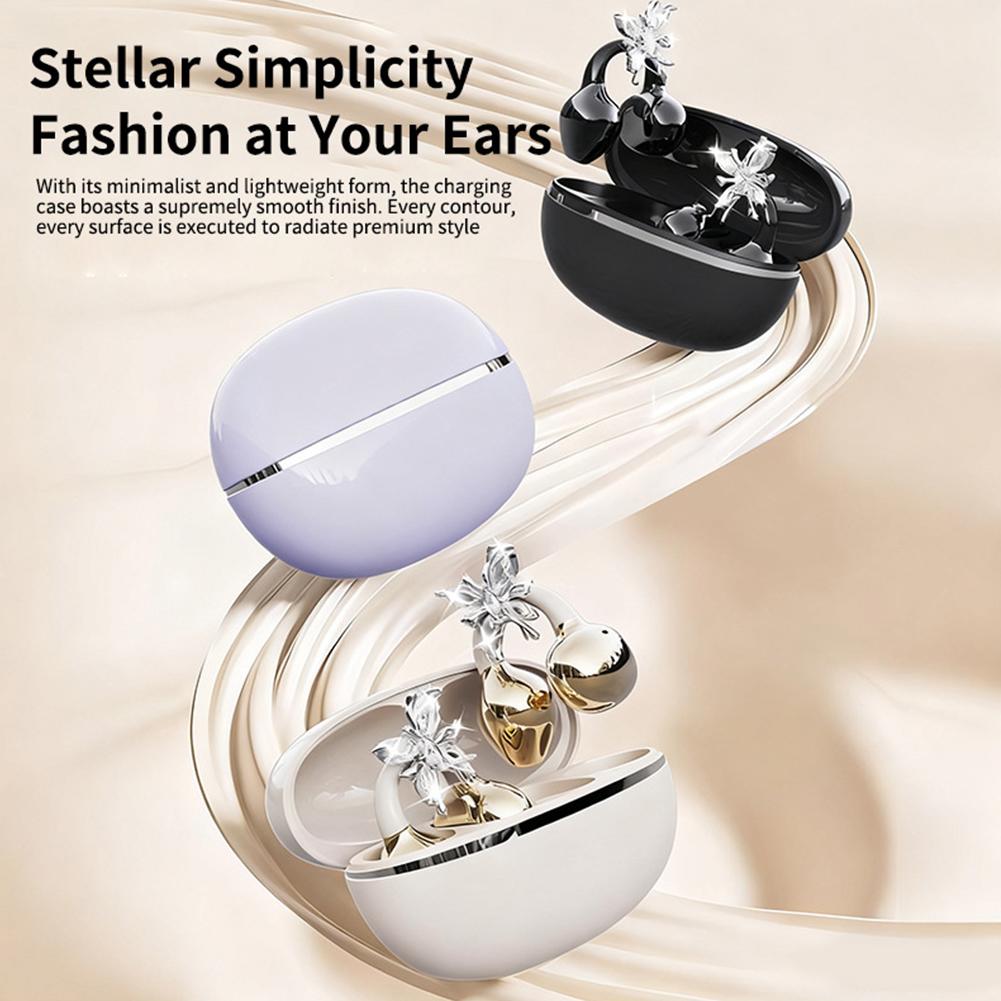 Sports Bluetooth 5.4 Headphones Wireless Ear-clip Earbuds Intelligent Noise Cancellation Earphones Butterfly Diamond Buckle Decor