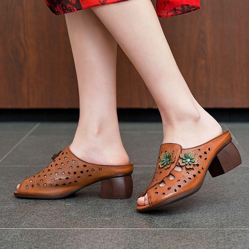 Women Flower Hollow Slippers Fish Mouth Comfortable Versatile Mid-heeled Women Sandals Women's Shoes