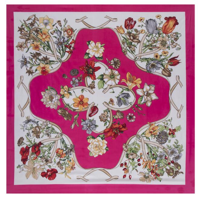 

Luxury Brand 100% Twill Silk Scarf For Ladies Floral Square Scarf New Design Print Kerchief Woman Neck Shawl Wraps Echarpe 130x130cm