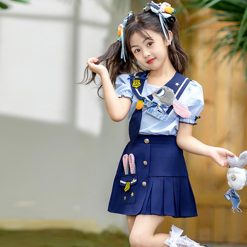 Girls' Summer Rabbit Police Costume Set - Stylish Two-Piece Performance Outfit