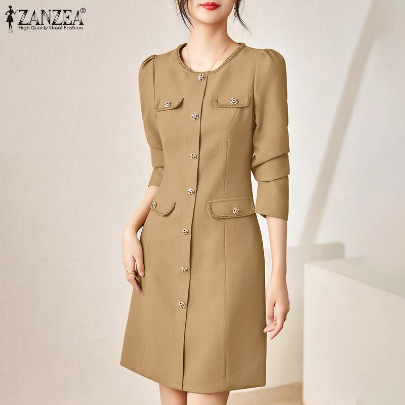 

ZANZEA Женское повседневное весеннее платье с круглым вырезом и длинными рукавами