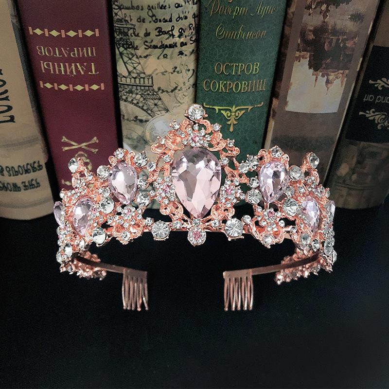Crystal Pink Crown Bridal Crown Wedding Baroque Queen Golden Big Crown Wedding Dress Accessories Jewelry