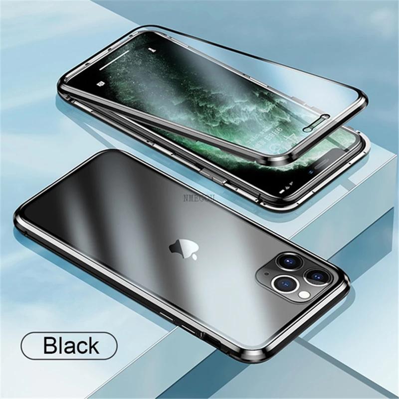 

Двусторонний металлический бампер с магнитной адсорбцией и стеклянной задней крышкой для IPhone 11 13 14 15 Pro Max 12 XS XR X Plus IPhone11 Магнитная крышка For iPhone 2GS чёрный