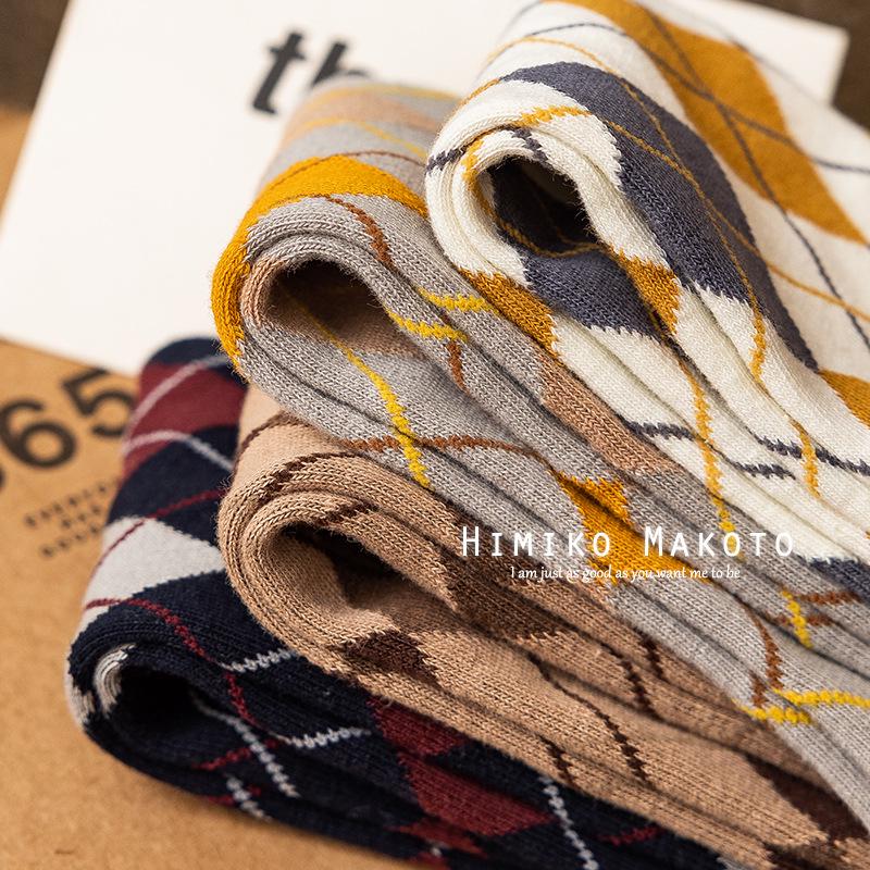 Korean Style Cotton Diamond Pattern Knee-High Retro Socks for Women