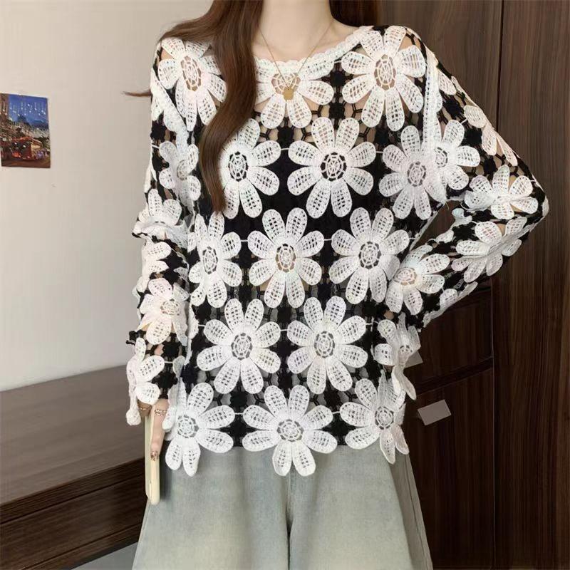 Bohemian Crochet Hollow Knit Sweater for Women Loose Color-Block Long-Sleeve Knit Pullover Top
