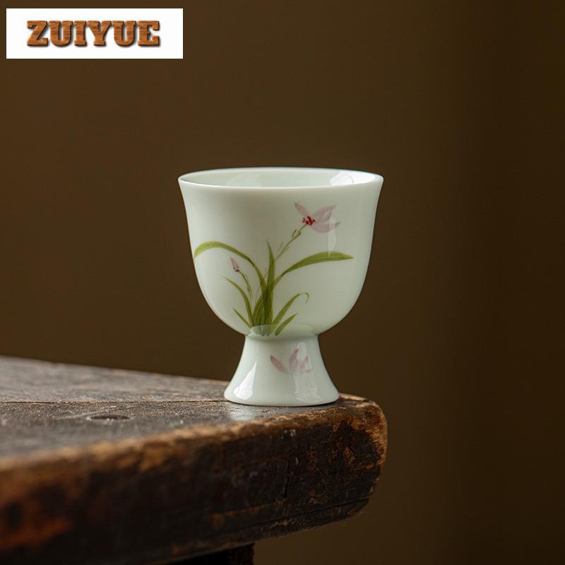 2 Stück/Los Handbemalte Orchidee Hoher Fuß Teetasse Elegante Teeschale Tasse Teeverkostung Persönliche Tasse Chazhan Meistertassen Teeservice 70ml