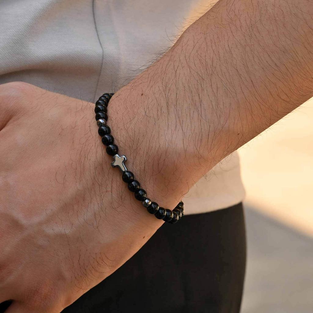 Vnox Men's Bracelet Set, Black Agate Stainless Steel Cuban Chain Wristbands, 3pcs/set Bracelets Jewelry Gifts for Men Father Son