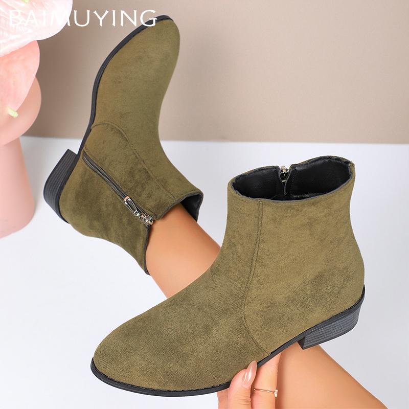 Winter Suede Women Snow Ankle Boots Pointed Toe Retro Mid Heels Shoes Designer Chunky Shoes  Trend New Brand Botas De Mujer