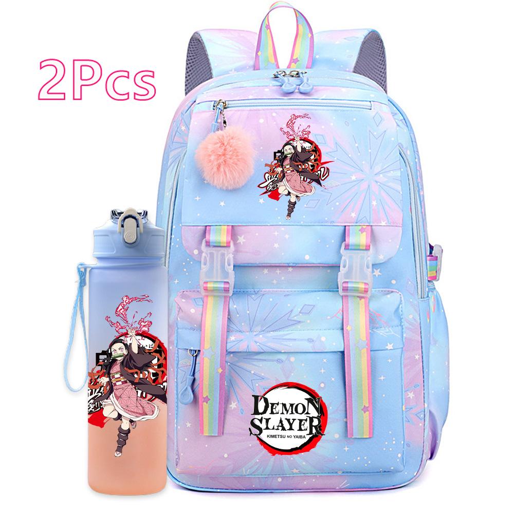 2Pcs/set Cute Demon Slayer Printed Backpack with 750Ml Water Bottler for Teenager Student Girl Boy Large Capacity Waterproof Bookbag Travel Bag Gift