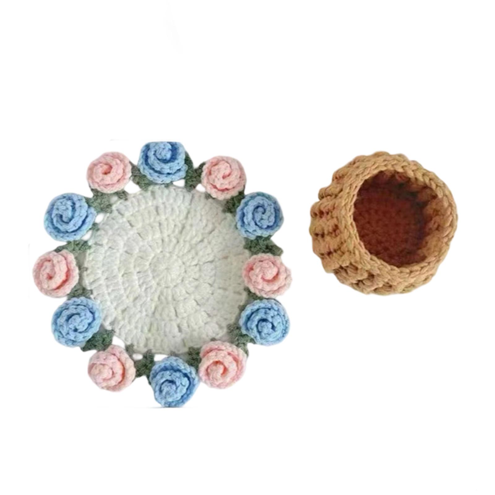 

Handmade Woolen Crochet Heat Pad Desktop Ornaments Creative Holiday Gifts Rose Flower Finished Products One Size