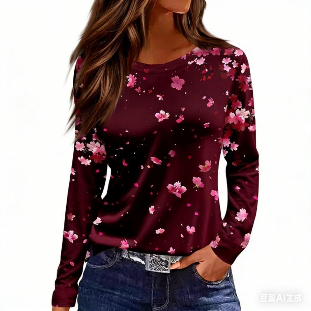Spring Floral Print Women's T-shirt Casual Round Neck Retro Elegant Long Sleeves Women's Fashion Pullover Long Sleeve T-shirt Top