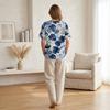 Damen Kurzarm Henley-Hemd mit Brusttasche Leichte Baumwoll-Leinen-Mischung Tropischer Print Lässiges Sommeroberteil