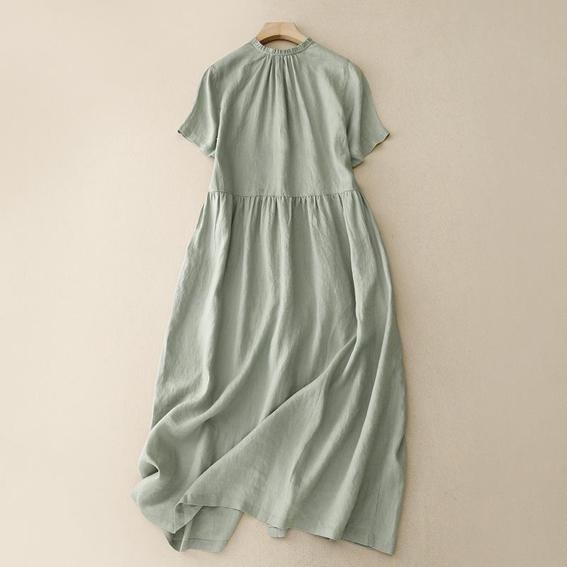 2025 summer fungus collar short-sleeved cotton and linen dress women's casual loose can wear cardigan big swing dress front and rear