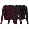 2025 Spring Women's European & American Style Cowl Neck Pleated Long Sleeve Nylon Top