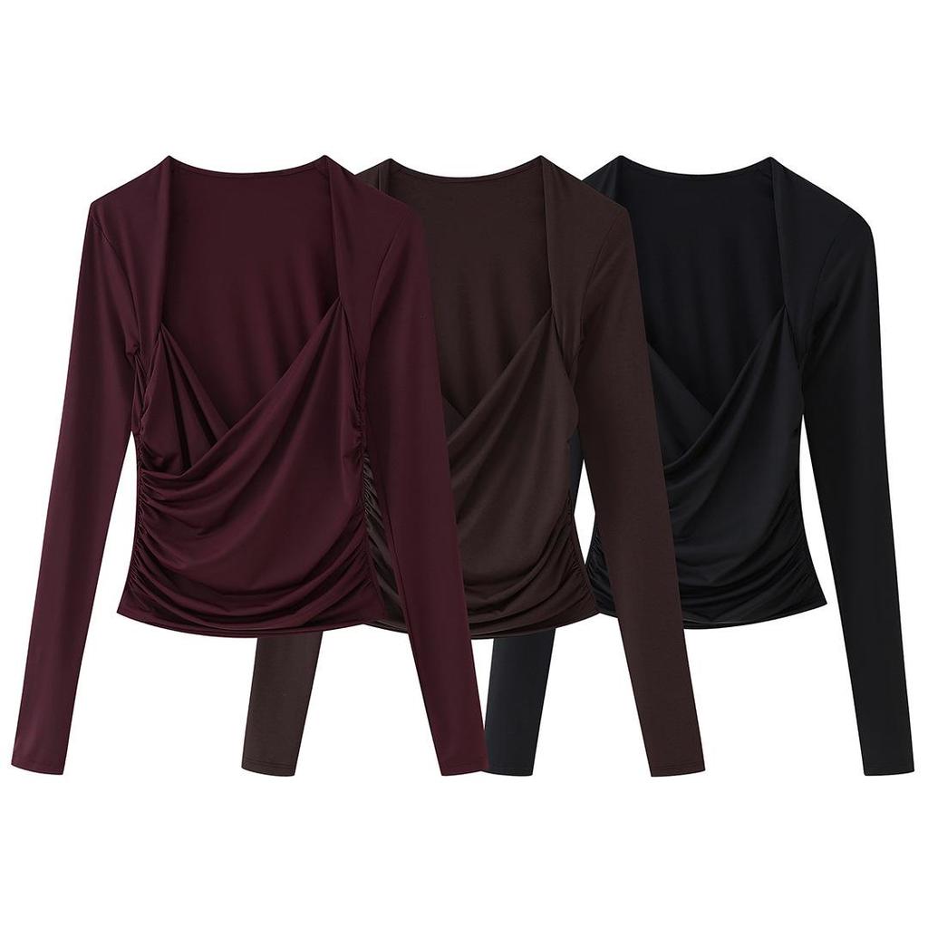 2025 Spring Women's European & American Style Cowl Neck Pleated Long Sleeve Nylon Top