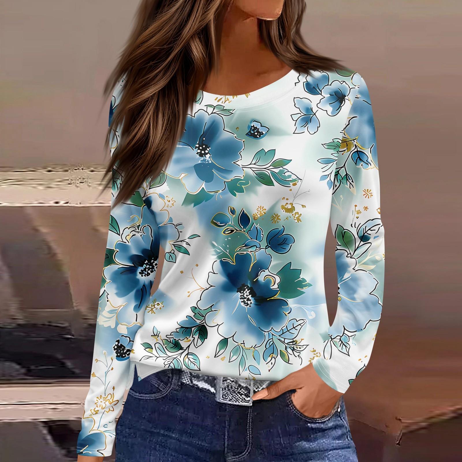 

Женская модная повседневная свободная футболка с принтом и круглым вырезом с разрезом и длинным рукавом, женский топ S