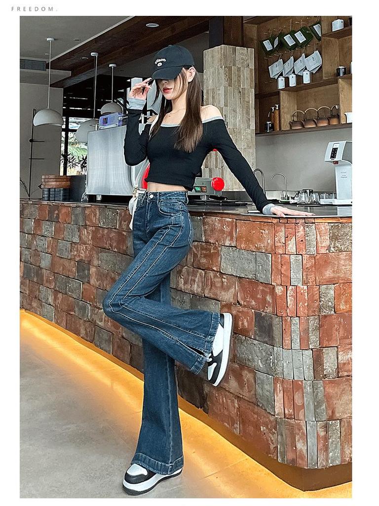 Spring 2025 High-Waisted Retro Micro-Flare Jeans for Women – Slimming, Body-Shaping, with Slits, Stylish Hot Girl Pants