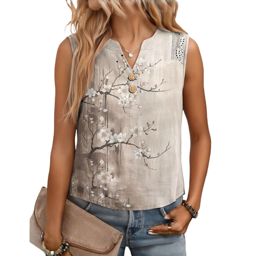 Women's Casual, Loose-Fitting, Printed, Sleeveless Linen Blouse