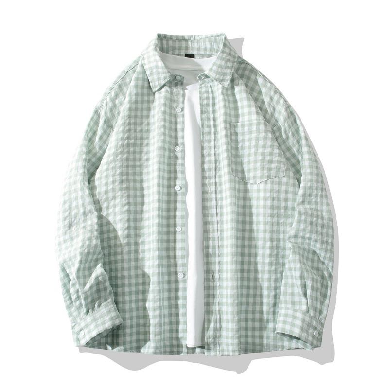 Mens Plaid Loose Long Sleeve Casual Thin Shirt Outerwear