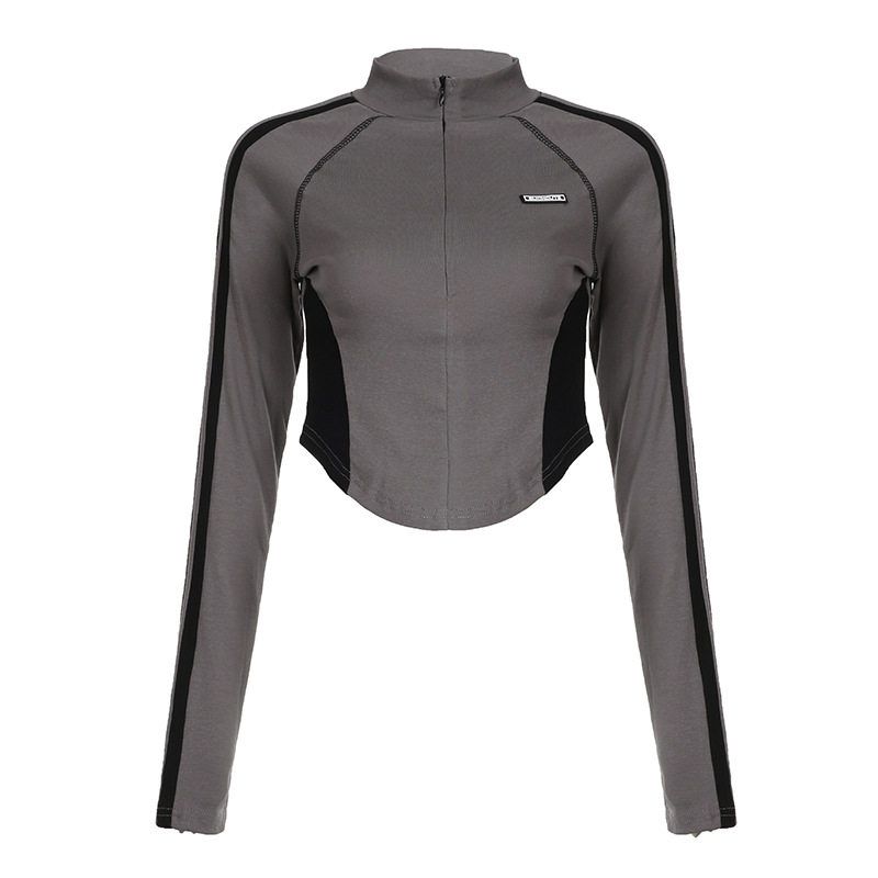 

American Street Style Irregular Hem Slim Fit Patchwork Zip-Up Crop Top Sporty T-Shirt with a Waist-Cinching Biker Style Gray S