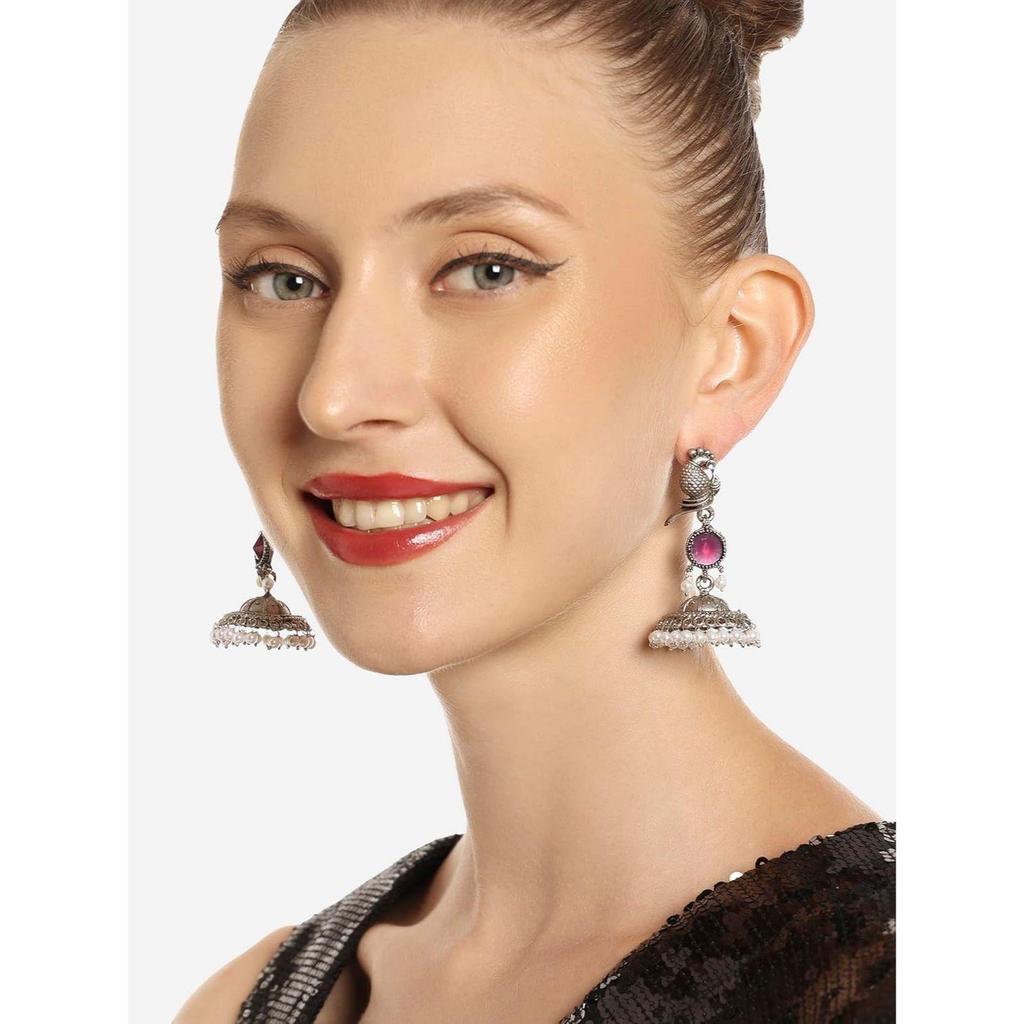 Purple Peacock Silver Oxidised Stones & Beads Traditional Jhumki Earring For Women