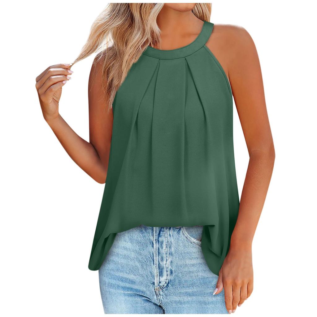 Tank Tops For Women Loose Fit Pleated Summer Solid Color Sleeveless Tops