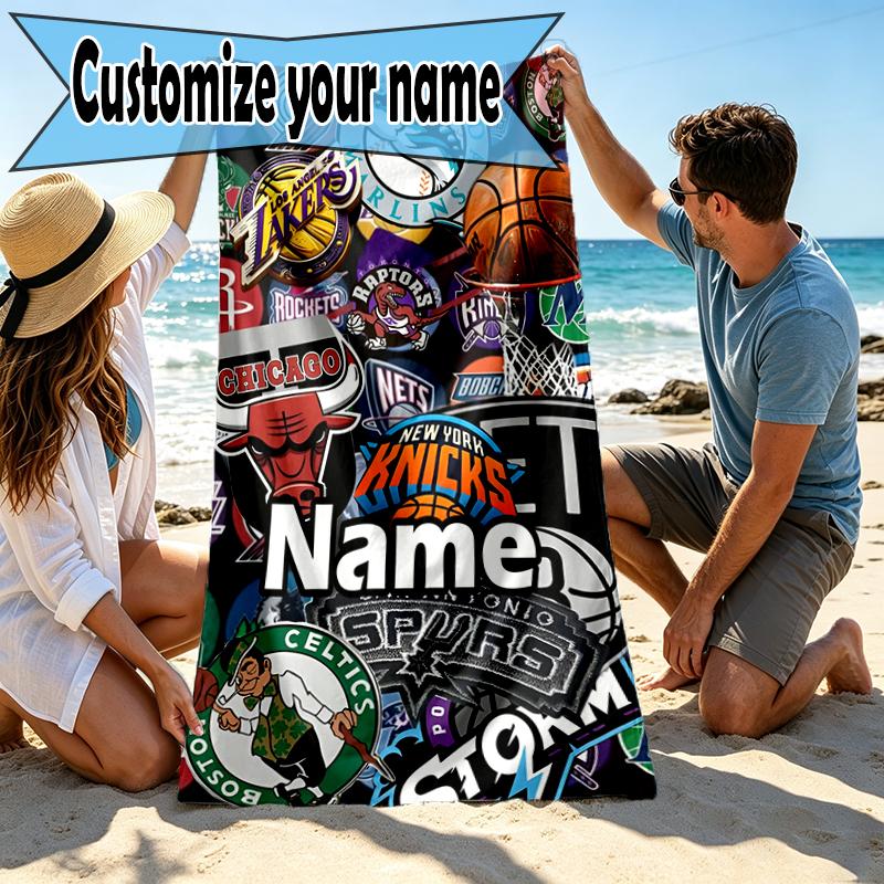 Custom Name Personalized NBA Print Beach Towel, for Trip Camping Beach Party Home Decor, Birthday Gift for Family & Friends