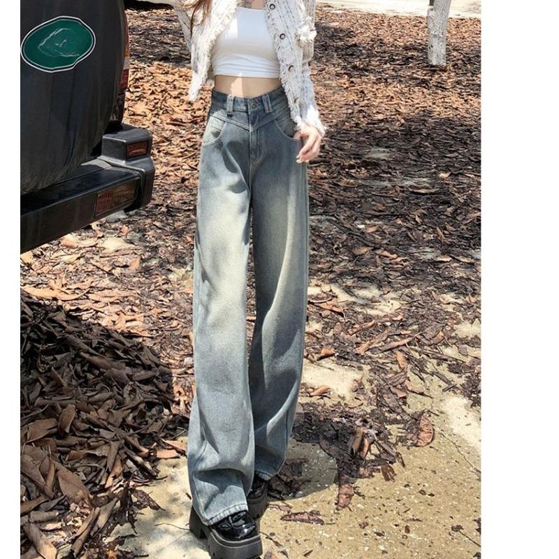 Vintage Blue High Waist Slim Fit Straight Leg Wide Jeans Casual Spring Autumn Retro Denim Pants