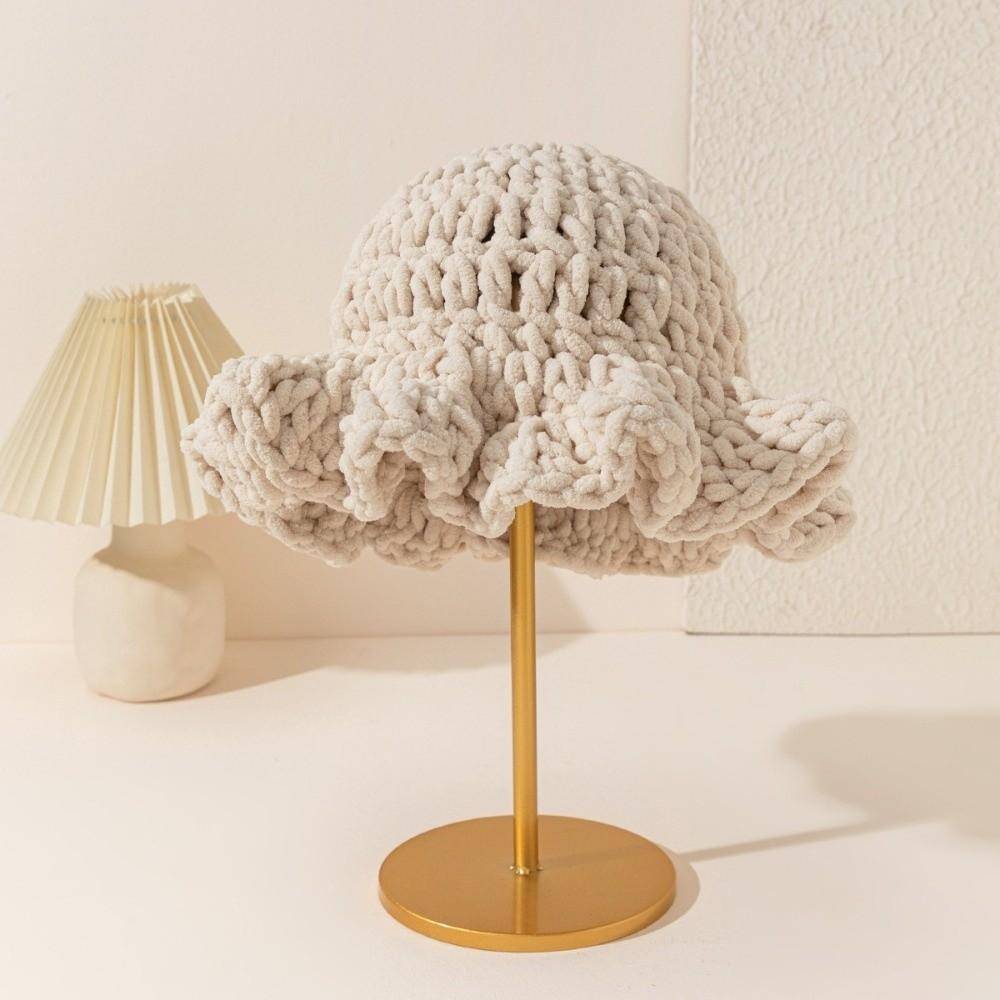 Sweet Ruffled Edge Fisherman Hat Cable Knit Winter Warm Bucket Hat Windproof Knitted Beanie  Women