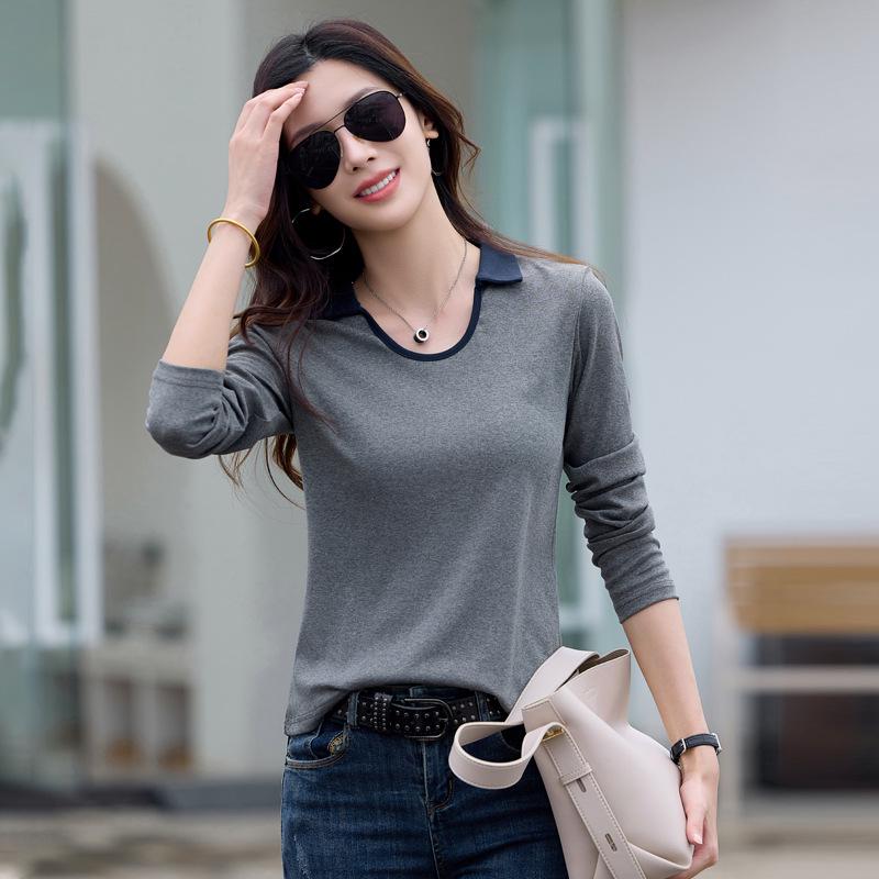 

Женская осенняя хлопковая футболка с V-образным вырезом и длинным рукавом, с воротником поло XL серый