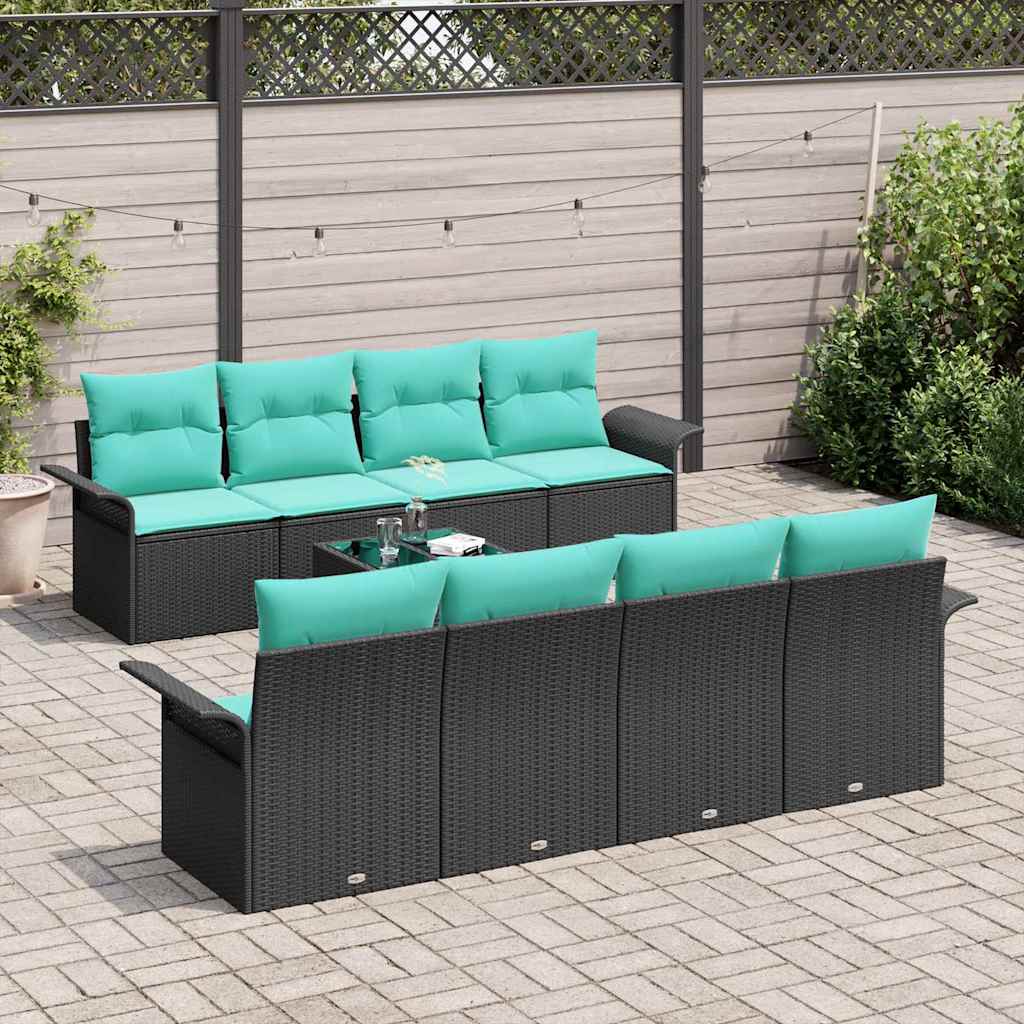 Garden Sofa Set with Cushions 9 pcs Black and Turquoise Poly Rattan