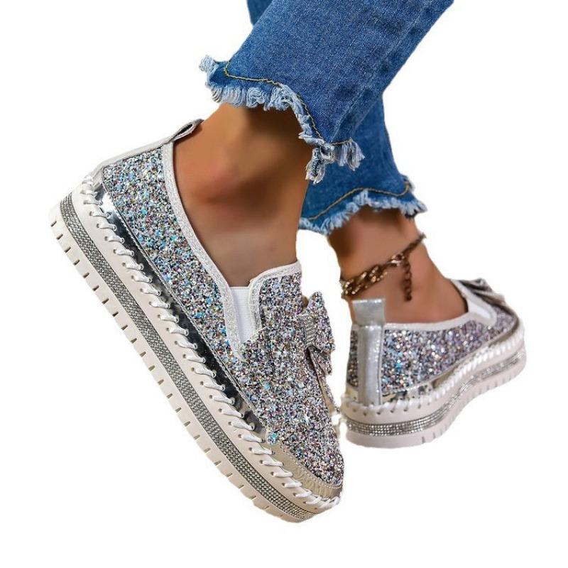 Trendige Dameneinzelschuhe in Übergröße, Herbstneuheit, flacher Boden, runde Spitze, Schleife, Pailletten, modische Einzelschuhe für Damen